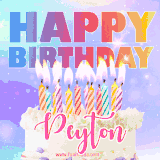 A vibrant animated name GIF with the words 'Happy Birthday Peyton' with colorful candles on a creamy cake. The background sparkles with pastel shades, adding a festive touch.
