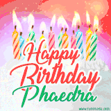 Bright birthday candles with rainbow flames on a cake, alongside the text 'Happy Birthday Phaedra' in vibrant script in this celebratory animated GIF.