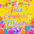 A bright and festive GIF with the text 'Feliz Cumpleaños Phaedra' in Spanish in colorful fonts, surrounded by confetti, balloons, and festive banners on a vibrant yellow background.