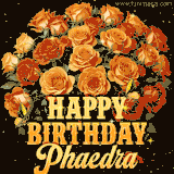 Animated bouquet of orange roses with moving butterfles and golden 'Happy Birthday Phaedra' text, surrounded by sparkling accents and a dark backdrop for a luxurious feel.