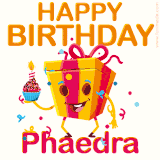 A vibrant and funny gift box character with a happy face dancing with a cupcake and the text 'Happy Birthday Phaedra,' surrounded by animated confetti and party vibes.