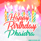 Bright birthday candles with rainbow flames on a cake, alongside the text 'Happy Birthday Phaidra' in vibrant script in this celebratory animated GIF.