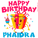 A vibrant and funny gift box character with a happy face dancing with a cupcake and the text 'Happy Birthday Phaidra,' surrounded by animated confetti and party vibes.