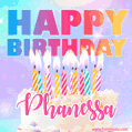 Animated Happy Birthday Cake with Name Phanessa and Burning Candles