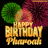 A captivating GIF with bursts of green, pink, and orange fireworks lighting up the night sky, accompanied by 'Happy Birthday Pharoah' in glowing golden text.