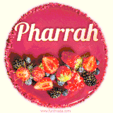 Beautifully decorated red velvet berry birthday cake with vibrant fruits and a glowing 'Pharrah' name, adding a touch of sweetness and sparkle.