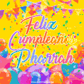 A bright and festive GIF with the text 'Feliz Cumpleaños Pharrah' in Spanish in colorful fonts, surrounded by confetti, balloons, and festive banners on a vibrant yellow background.
