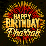 Golden 'Happy Birthday Pharrah' text accompanied by animated rainbow fireworks for a festive animated greeting.