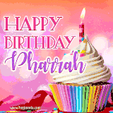 A vibrant birthday GIF featuring a rainbow-colored cupcake topped with white frosting, sprinkles, and a lit candle. The text reads 'Happy Birthday Pharrah' in bold pink and violet letters with white outline.