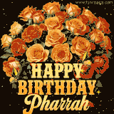 Animated bouquet of orange roses with moving butterfles and golden 'Happy Birthday Pharrah' text, surrounded by sparkling accents and a dark backdrop for a luxurious feel.