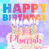 A vibrant animated name GIF with the words 'Happy Birthday Pharrah' with colorful candles on a creamy cake. The background sparkles with pastel shades, adding a festive touch.