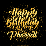 Animated GIF with colorful, festive 'Happy Birthday Pharrell' text decorated with patterns, a party hat, and falling confetti. A vibrant and cheerful design for birthday celebrations.