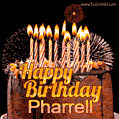 A rich chocolate cake topped with glowing birthday candles and surrounded by bright fireworks. The animated GIF displays the message 'Happy Birthday Pharrell' in golden text.