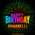 A colorful animated GIF featuring the text 'Happy Birthday Pharrell!' in rainbow colors with a dynamic iridescent firework display in the background.