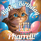 A playful tabby cat sits behind a colorful birthday cake surrounded by balloons and confetti, with 'Happy Birthday Pharrell!' written above in festive letters.