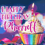 A festive animated GIF featuring a colorful cupcake with a single lit candle, sprinkles, and 'Happy Birthday Pharrell' text against a sparkling, celebratory background.
