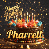 An animated birthday card featuring a detailed chocolate cake under falling gold dust, personalized for Pharrell.