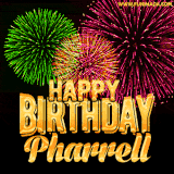 A captivating GIF with bursts of green, pink, and orange fireworks lighting up the night sky, accompanied by 'Happy Birthday Pharrell' in glowing golden text.