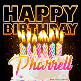 A vibrant animated GIF featuring a delicious birthday cake topped with glowing candles and the name 'Pharrell' in elegant script, and the words 'Happy Birthday' on the black background.