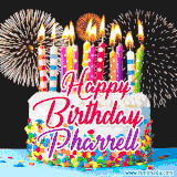 A lively happy birthday animated GIF showcasing a colorful birthday cake covered in sprinkles, topped with glowing candles, and surrounded by vibrant fireworks. The name 'Pharrell' is featured in elegant script.