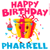 A funny animated birthday GIF with the words 'Happy Birthday Pharrella', colorful gift box with arms and legs, holding a cupcake with a lit candle  with confetti everywhere.