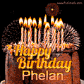 A rich chocolate cake topped with glowing birthday candles and surrounded by bright fireworks. The animated GIF displays the message 'Happy Birthday Phelan' in golden text.