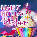 A festive animated GIF featuring a colorful cupcake with a single lit candle, sprinkles, and 'Happy Birthday Phelan' text against a sparkling, celebratory background.