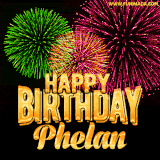 A captivating GIF with bursts of green, pink, and orange fireworks lighting up the night sky, accompanied by 'Happy Birthday Phelan' in glowing golden text.