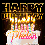 A vibrant animated GIF featuring a delicious birthday cake topped with glowing candles and the name 'Phelan' in elegant script, and the words 'Happy Birthday' on the black background.