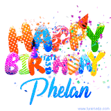Animated GIF with colorful, festive 'Happy Birthday Phelan' text decorated with patterns, a party hat, and falling confetti. A vibrant and cheerful design for birthday celebrations.
