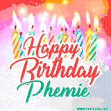 Bright birthday candles with rainbow flames on a cake, alongside the text 'Happy Birthday Phemie' in vibrant script in this celebratory animated GIF.