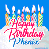 A cheerful animated GIF featuring colorful lit birthday candles on a white cake, with the text 'Happy Birthday Phenix' in bold red and blue script on a bright blue background.