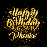 Animated GIF with colorful, festive 'Happy Birthday Phenix' text decorated with patterns, a party hat, and falling confetti. A vibrant and cheerful design for birthday celebrations.