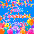 A vibrant animated GIF with 'Feliz Cumpleaños Phenix' written in colorful script, surrounded by balloons, confetti, and bunting on a bright blue background.