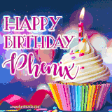 A festive animated GIF featuring a colorful cupcake with a single lit candle, sprinkles, and 'Happy Birthday Phenix' text against a sparkling, celebratory background.