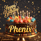 Close-up of a chocolate birthday cake with multicolored frosting swirls and colorful candy beads around the gold base. Greeting text with name Phenix