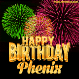 A captivating GIF with bursts of green, pink, and orange fireworks lighting up the night sky, accompanied by 'Happy Birthday Phenix' in glowing golden text.