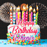 A lively happy birthday animated GIF showcasing a colorful birthday cake covered in sprinkles, topped with glowing candles, and surrounded by vibrant fireworks. The name 'Phenix' is featured in elegant script.