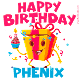 A funny animated birthday GIF with the words 'Happy Birthday Phenixa', colorful gift box with arms and legs, holding a cupcake with a lit candle  with confetti everywhere.