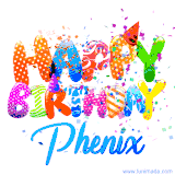 Animated GIF with colorful, festive 'Happy Birthday Phenix' text decorated with patterns, a party hat, and falling confetti. A vibrant and cheerful design for birthday celebrations.