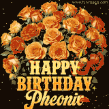 Animated bouquet of orange roses with moving butterfles and golden 'Happy Birthday Pheonix' text, surrounded by sparkling accents and a dark backdrop for a luxurious feel.