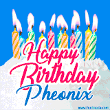 A cheerful animated GIF featuring colorful lit birthday candles on a white cake, with the text 'Happy Birthday Pheonix' in bold red and blue script on a bright blue background.