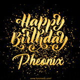 Animated GIF with colorful, festive 'Happy Birthday Pheonix' text decorated with patterns, a party hat, and falling confetti. A vibrant and cheerful design for birthday celebrations.