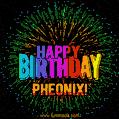 A colorful animated GIF featuring the text 'Happy Birthday Pheonix!' in rainbow colors with a dynamic iridescent firework display in the background.