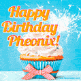 A cheerful animated GIF of a cupcake with creamy frosting, a red checkered ribbon, and a bright sparkler on top. The text 'Happy Birthday Pheonix!' is displayed in vibrant orange and red.