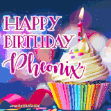 A festive animated GIF featuring a colorful cupcake with a single lit candle, sprinkles, and 'Happy Birthday Pheonix' text against a sparkling, celebratory background.