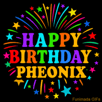Vibrant animated GIF with 'Happy Birthday Pheonix' in rainbow-colored text, surrounded by colorful stars and fireworks on a black background.