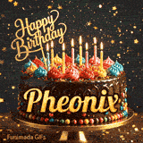 Happy Birthday Pheonix animated image showcasing a decorated chocolate cake on a pedestal with glowing candles.