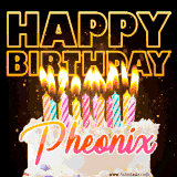 A vibrant animated GIF featuring a delicious birthday cake topped with glowing candles and the name 'Pheonix' in elegant script, and the words 'Happy Birthday' on the black background.