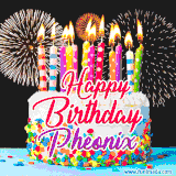 A lively happy birthday animated GIF showcasing a colorful birthday cake covered in sprinkles, topped with glowing candles, and surrounded by vibrant fireworks. The name 'Pheonix' is featured in elegant script.